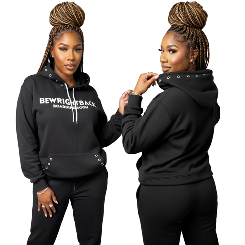 Woman wearing a black hoodie with 'BEWRIGHTBACK' branding, facing front and back.