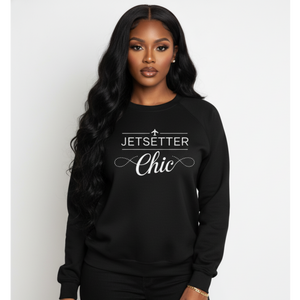 Woman wearing a black sweatshirt with 'Jetsetter Chic' text on a white background