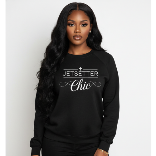 Woman wearing a black sweatshirt with 'Jetsetter Chic' text on a white background