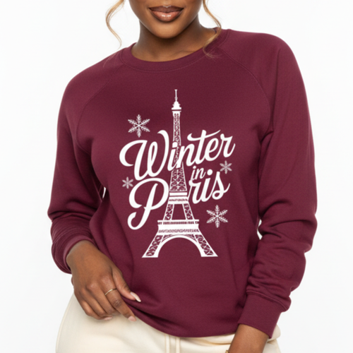 Maroon sweatshirt with 'Winter in Paris' design featuring the Eiffel Tower.